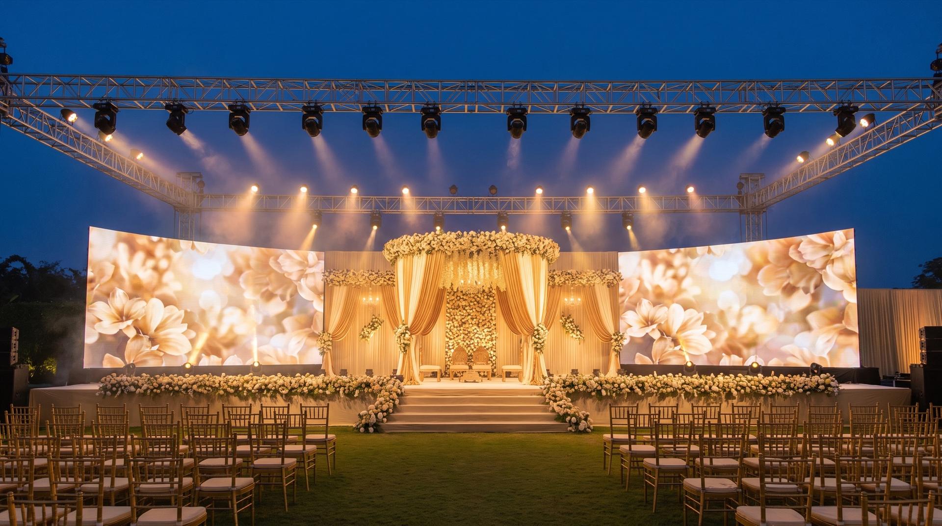 Professional wedding and event production stage with truss lighting, LED walls and staging